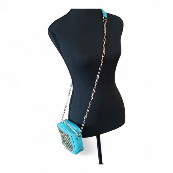 XL Aqua Blue Vegan Studded Crossbody Bag – Square Mini Purse w/ Chain Strap NWOT - Picture 8 of 12